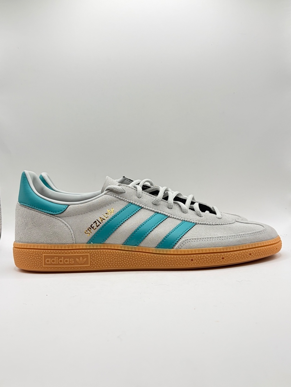 adidas Handball Spezial in Grey Two, Pure Teal and Gold Metallic, Men size 11.5